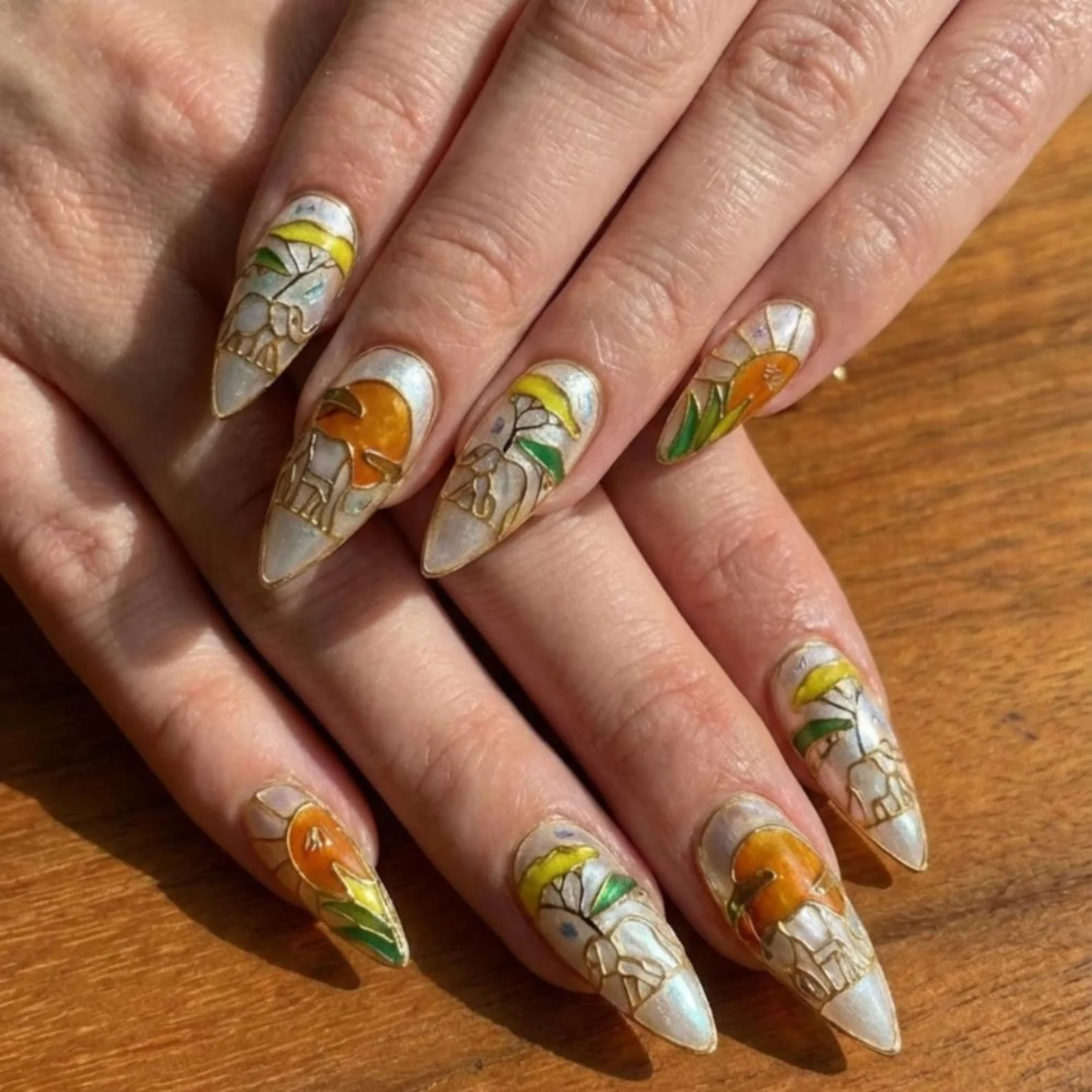 sunset nail design, African themed nails, press on nails, custom press on nails, fake nails, Nails Art, stained glass nails, gold press on nails, 3d press on nails, luxury press on nails, handmade press on nails