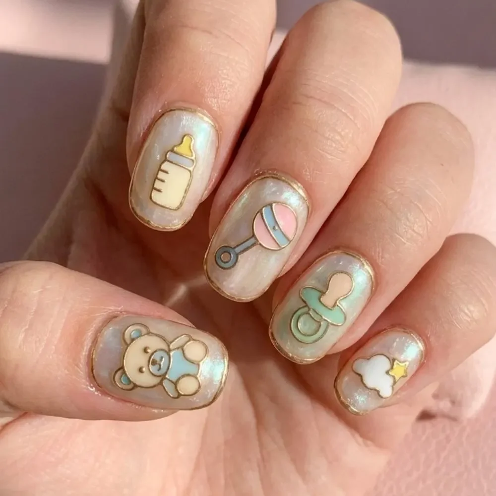 iridescent pearl, teddy bear nail art, press on nails, custom press on nails, fake nails, Nails Art, stained glass nails, gold press on nails, 3d press on nails, luxury press on nails, handmade press on nails