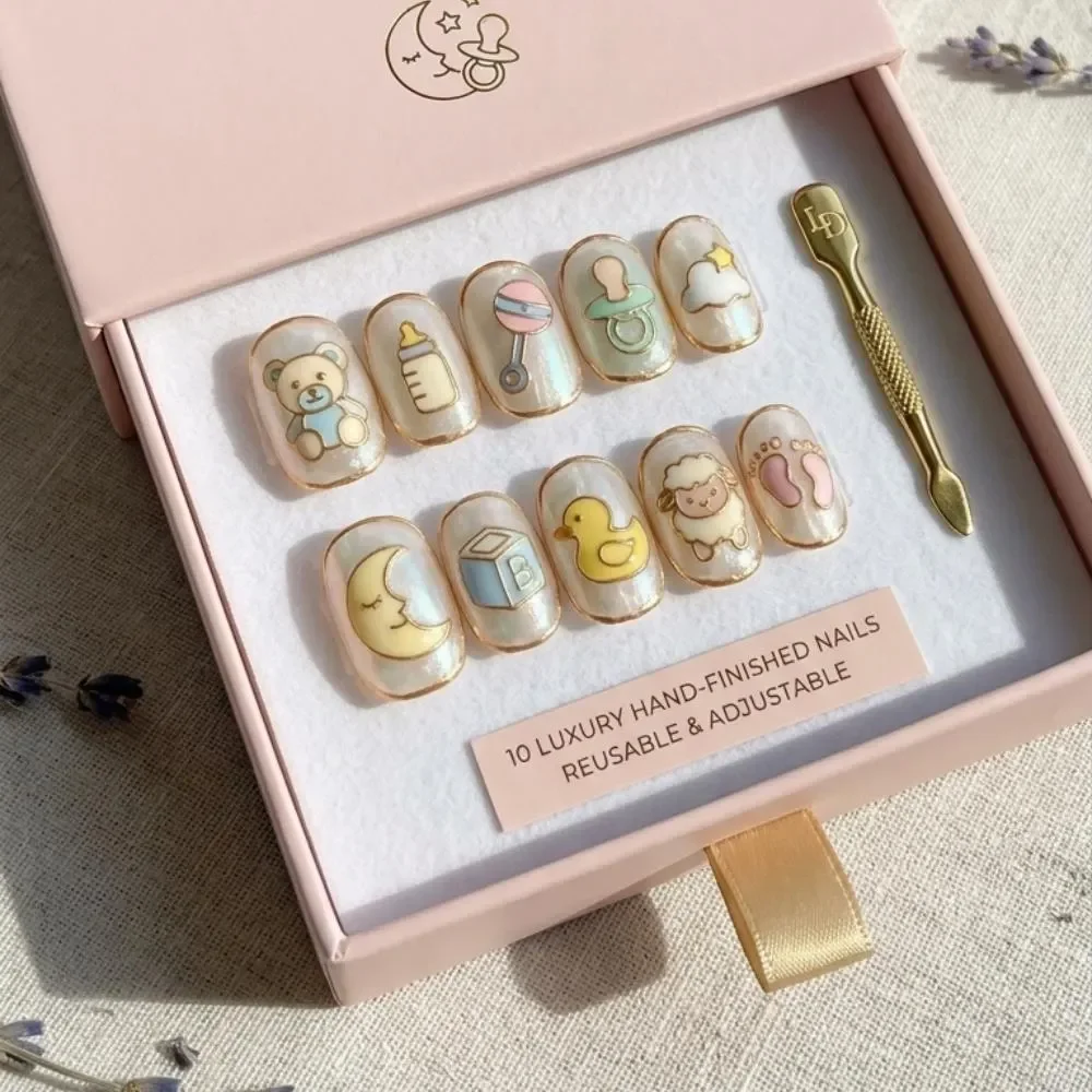 baby shower manicure, pearl iridescent nails, press on nails, custom press on nails, fake nails, Nails Art, stained glass nails, gold press on nails, 3d press on nails, luxury press on nails, handmade press on nails