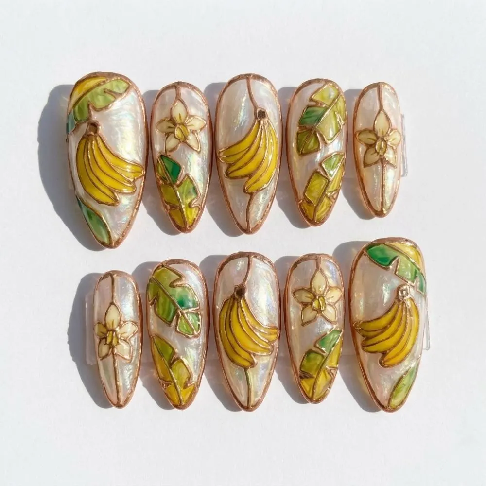 hand-painted banana nails, rose gold stained glass, press on nails, custom press on nails, fake nails, Nails Art, stained glass nails, gold press on nails, 3d press on nails, luxury press on nails, handmade press on nails