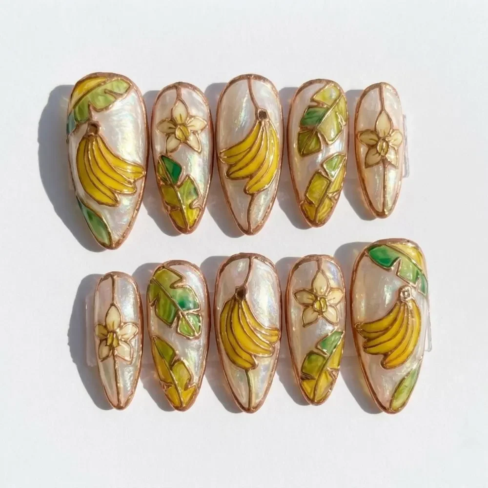 hand-painted banana nails, rose gold stained glass, press on nails, custom press on nails, fake nails, Nails Art, stained glass nails, gold press on nails, 3d press on nails, luxury press on nails, handmade press on nails