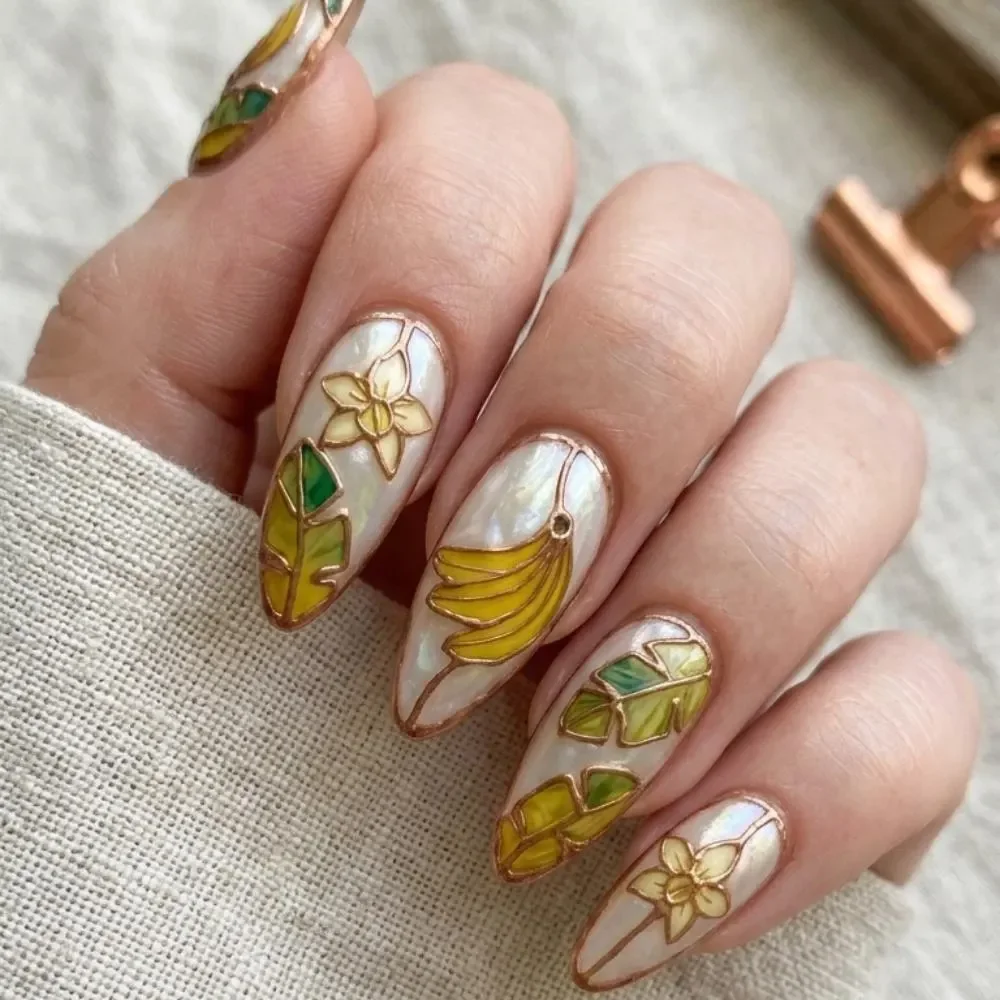 stained glass nail art, tropical summer fruit, press on nails, custom press on nails, fake nails, Nails Art, stained glass nails, gold press on nails, 3d press on nails, luxury press on nails, handmade press on nails