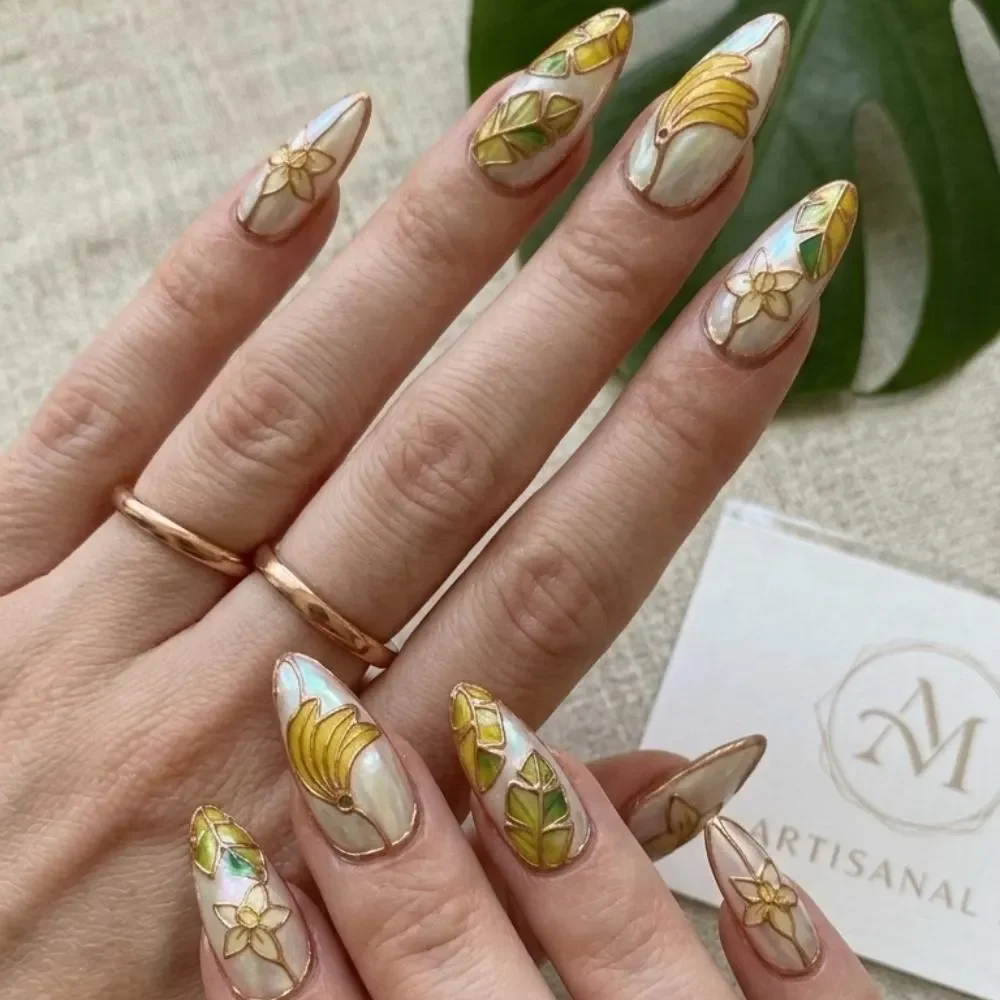 summer fruit set, stained glass design, press on nails, custom press on nails, fake nails, Nails Art, stained glass nails, gold press on nails, 3d press on nails, luxury press on nails, handmade press on nails