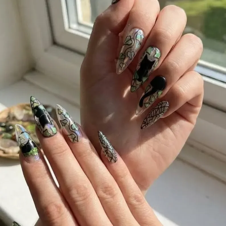 stiletto false nails, black cat decor, press on nails, custom press on nails, fake nails, Nails Art, stained glass nails, gold press on nails, 3d press on nails, luxury press on nails, handmade press on nails