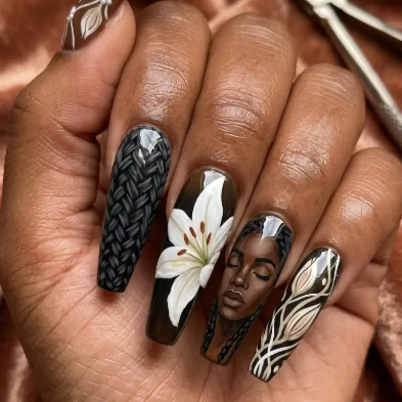 melanin magic, press on nails, custom press on nails, fake nails, Nails Art, stained glass nails, gold press on nails, 3d press on nails, luxury press on nails, handmade press on nails