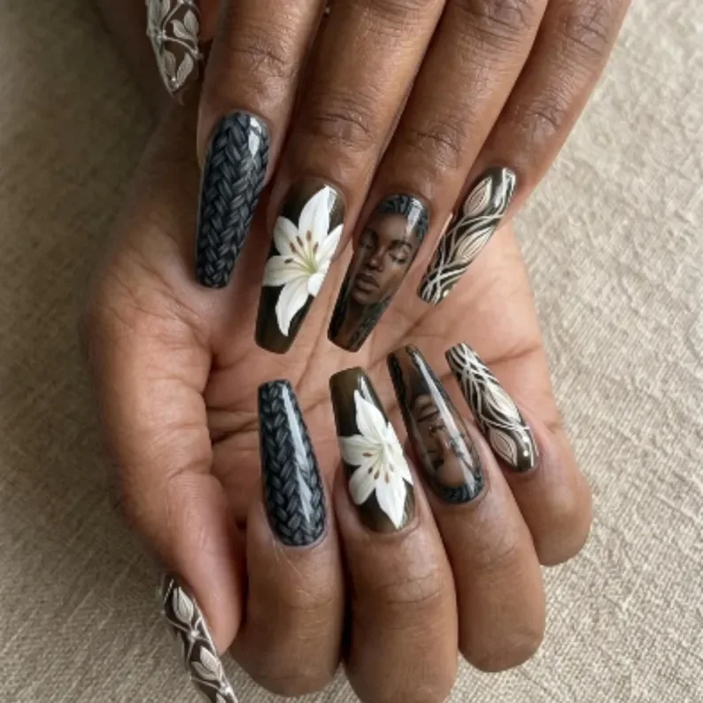 portrait nail art, white lily art, press on nails, custom press on nails, fake nails, Nails Art, stained glass nails, gold press on nails, 3d press on nails, luxury press on nails, handmade press on nails