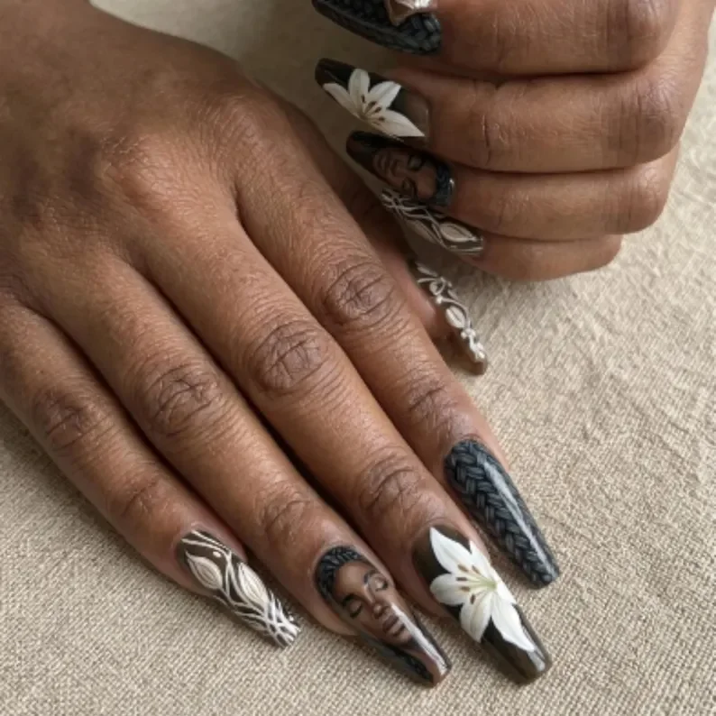 lily nail design, black girl portrait, press on nails, custom press on nails, fake nails, Nails Art, stained glass nails, gold press on nails, 3d press on nails, luxury press on nails, handmade press on nails