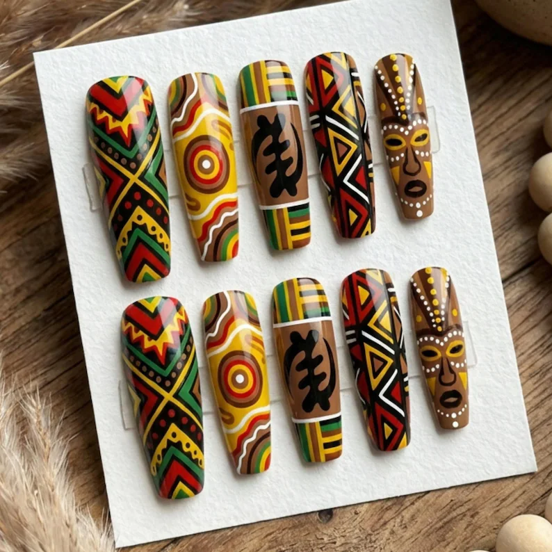 Hand painted nails, Kente symbol nails, press on nails, custom press on nails, fake nails, Nails Art, stained glass nails, gold press on nails, 3d press on nails, luxury press on nails, handmade press on nails