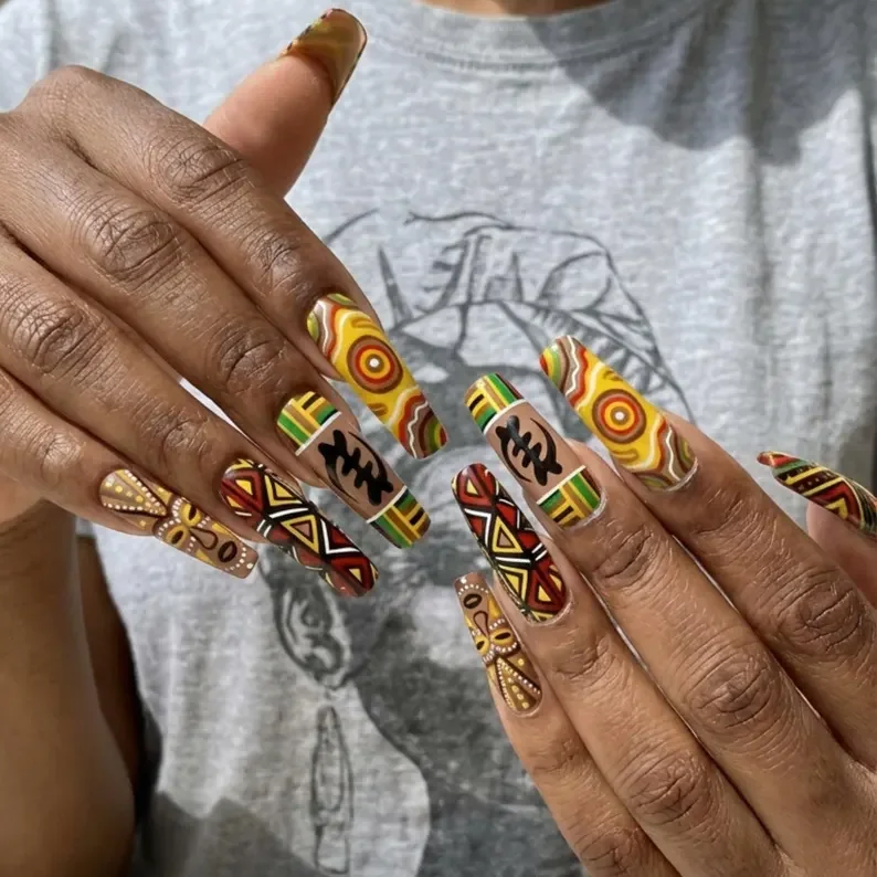 Hand painted nails, Kente symbol nails, press on nails, custom press on nails, fake nails, Nails Art, stained glass nails, gold press on nails, 3d press on nails, luxury press on nails, handmade press on nails