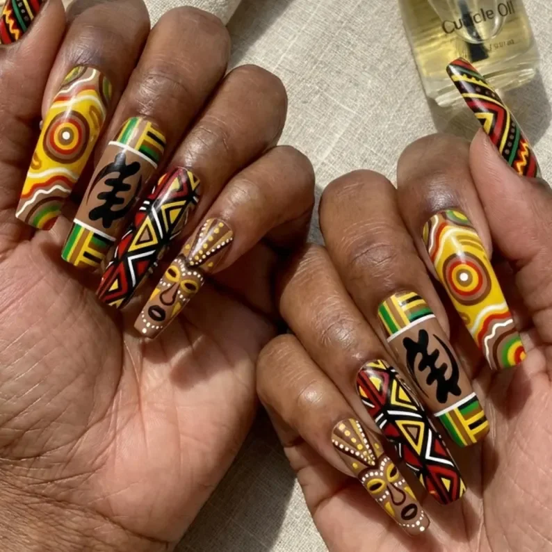 Adinkra symbol nails, Luxury press on nails, press on nails, custom press on nails, fake nails, Nails Art, stained glass nails, gold press on nails, 3d press on nails, luxury press on nails, handmade press on nails