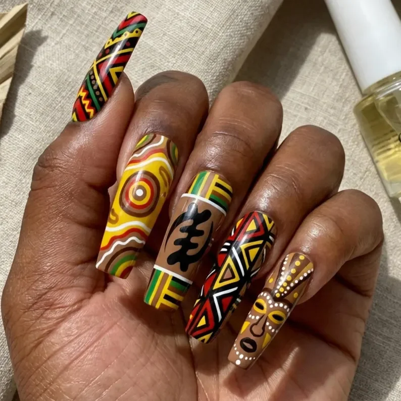 Afrocentric nail art, Black history nails, press on nails, custom press on nails, fake nails, Nails Art, stained glass nails, gold press on nails, 3d press on nails, luxury press on nails, handmade press on nails