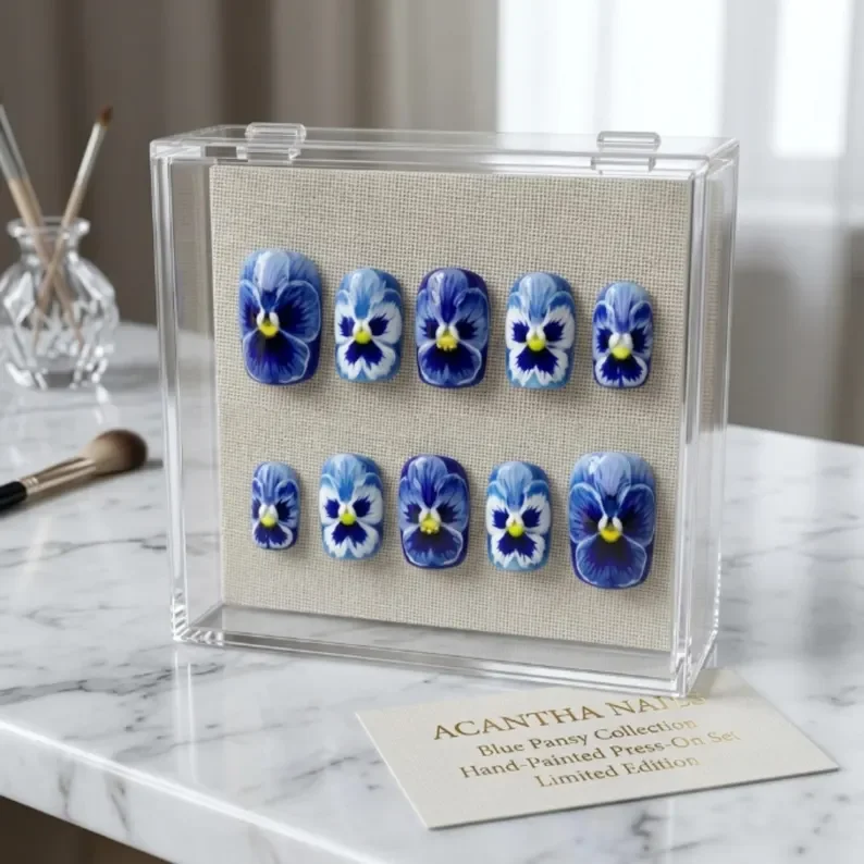 hand-painted nails, blue pansy nails, press on nails, custom press on nails, fake nails, Nails Art, stained glass nails, gold press on nails, 3d press on nails, luxury press on nails, handmade press on nails