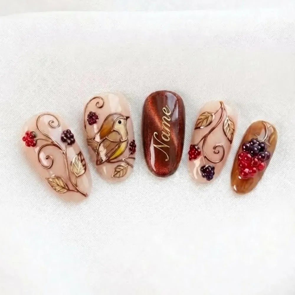 Carolina Wren nails, Hand-painted press on, press on nails, custom press on nails, fake nails, Nails Art, stained glass nails, gold press on nails, 3d press on nails, luxury press on nails, handmade press on nails