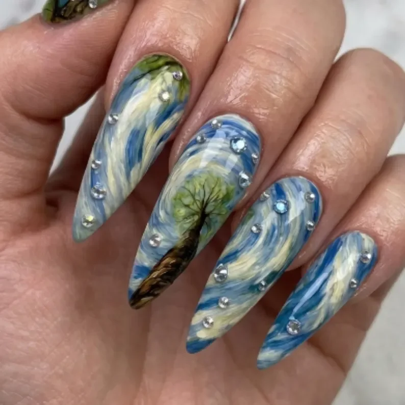 hand-painted stiletto nails, celestial press on nails, press on nails, custom press on nails, fake nails, Nails Art, stained glass nails, gold press on nails, 3d press on nails, luxury press on nails, handmade press on nails