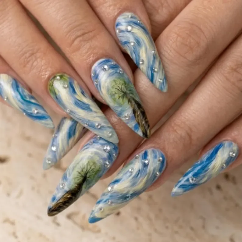 earth sky artistry, stiletto press on nails, press on nails, custom press on nails, fake nails, Nails Art, stained glass nails, gold press on nails, 3d press on nails, luxury press on nails, handmade press on nails
