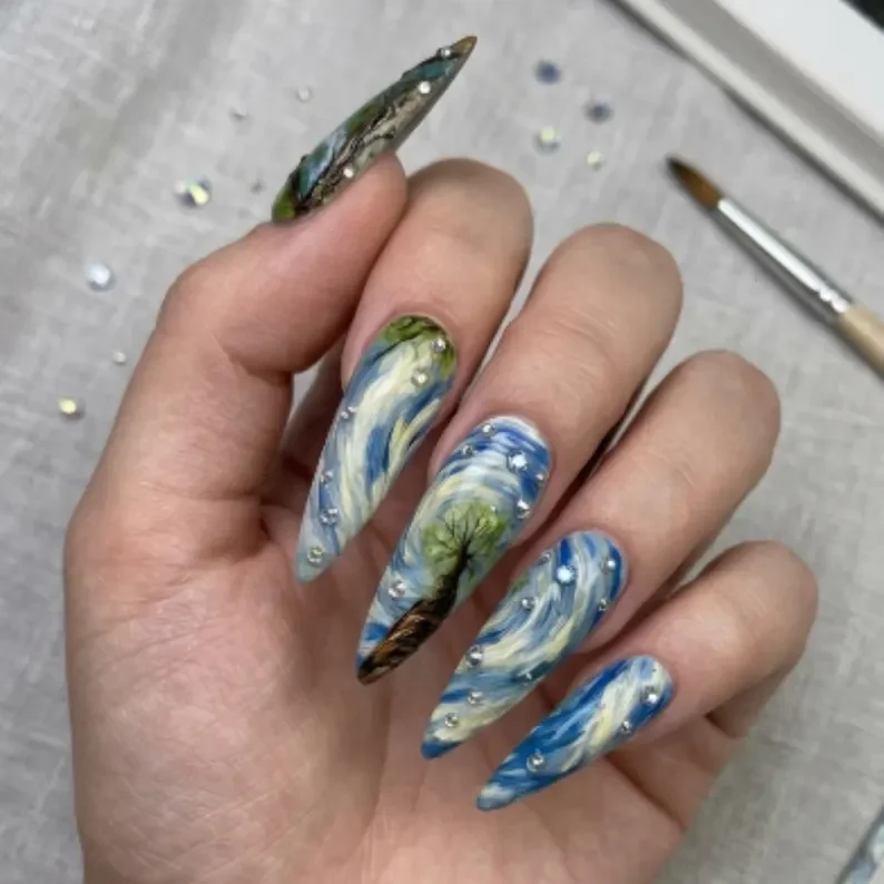 sky earth nails, celestial nail art, press on nails, custom press on nails, fake nails, Nails Art, stained glass nails, gold press on nails, 3d press on nails, luxury press on nails, handmade press on nails