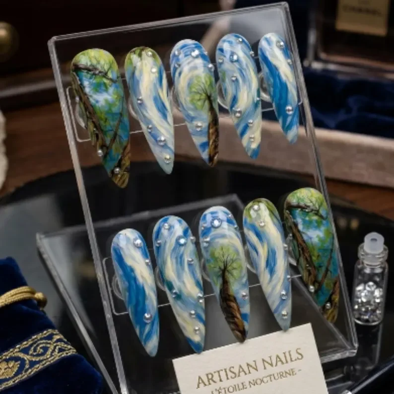 hand-painted stiletto nails, celestial press on nails, press on nails, custom press on nails, fake nails, Nails Art, stained glass nails, gold press on nails, 3d press on nails, luxury press on nails, handmade press on nails