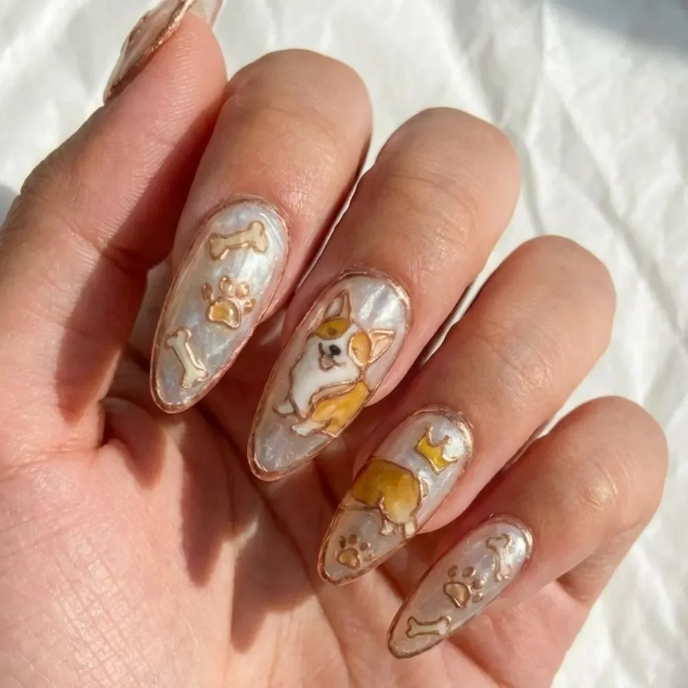hand painted nails, corgi press on, press on nails, custom press on nails, fake nails, Nails Art, stained glass nails, gold press on nails, 3d press on nails, luxury press on nails, handmade press on nails