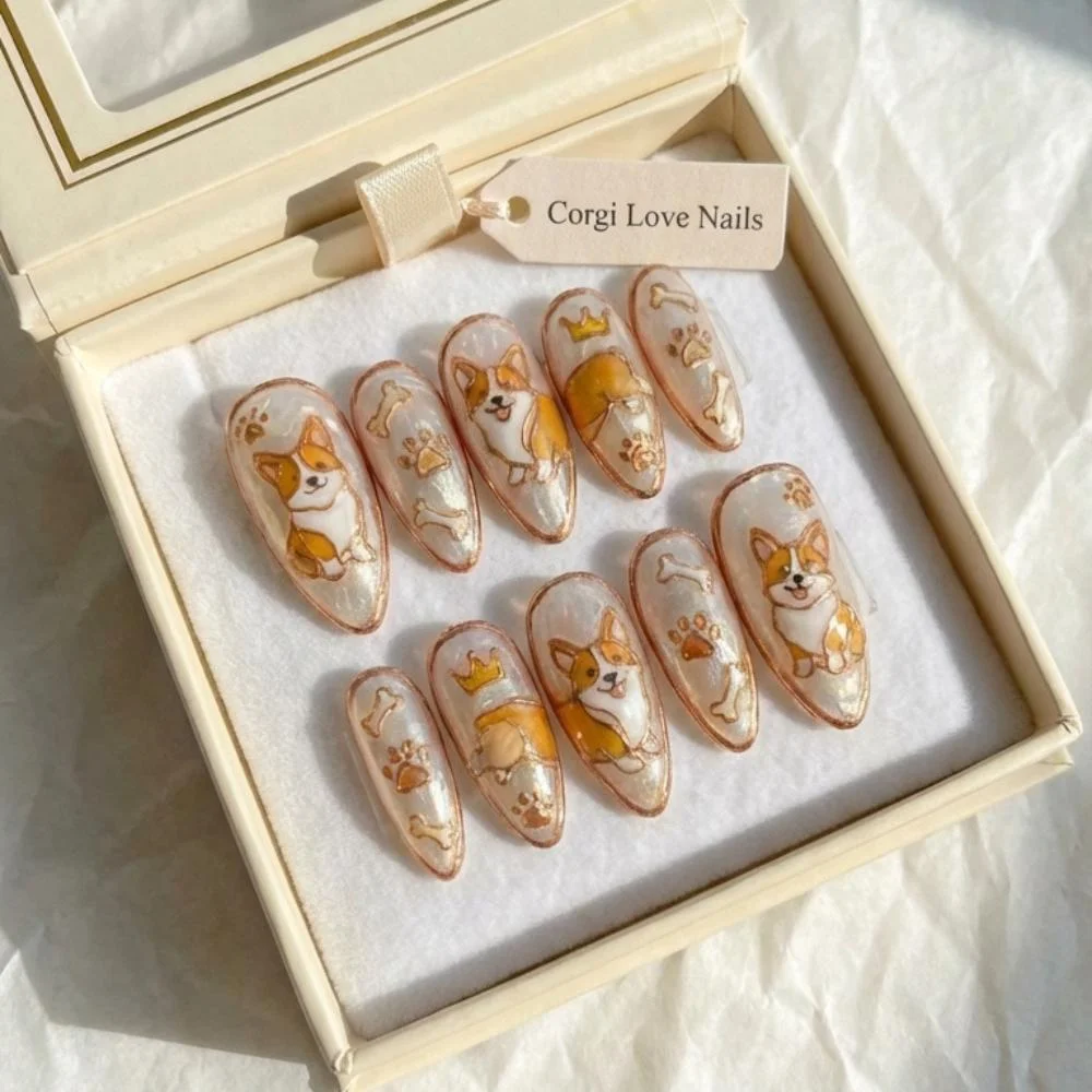 iridescent pearl, 3d dog lover, press on nails, custom press on nails, fake nails, Nails Art, stained glass nails, gold press on nails, 3d press on nails, luxury press on nails, handmade press on nails