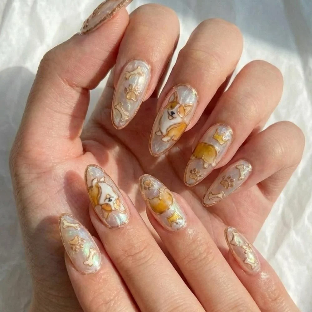 iridescent nails, corgi nail design, press on nails, custom press on nails, fake nails, Nails Art, stained glass nails, gold press on nails, 3d press on nails, luxury press on nails, handmade press on nails