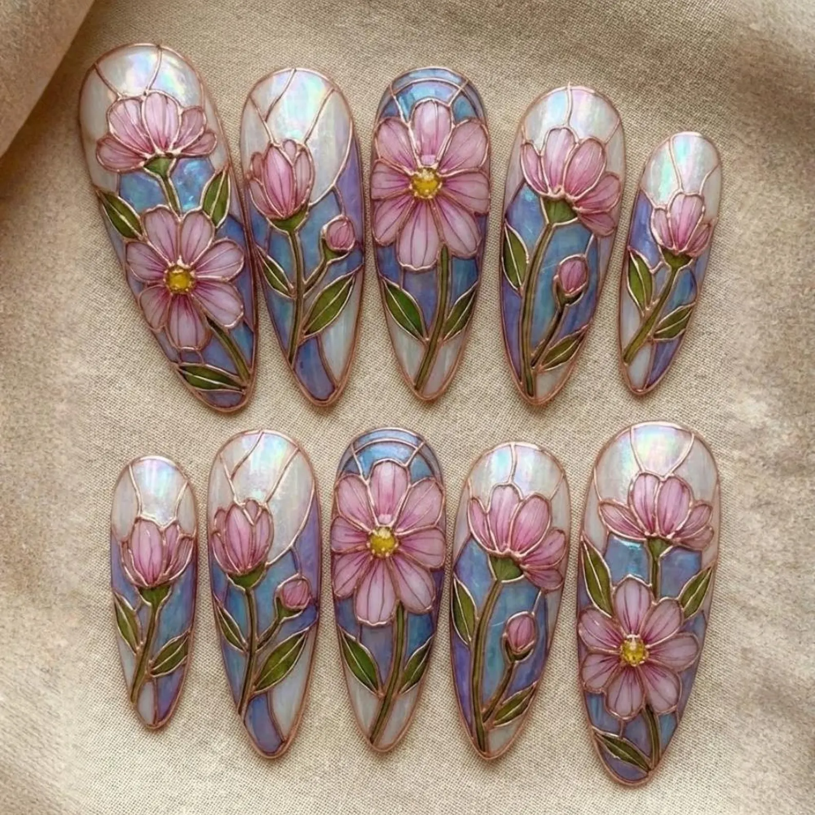 hand painted press on, cosmos press on nails, press on nails, custom press on nails, fake nails, Nails Art, stained glass nails, gold press on nails, 3d press on nails, luxury press on nails, handmade press on nails