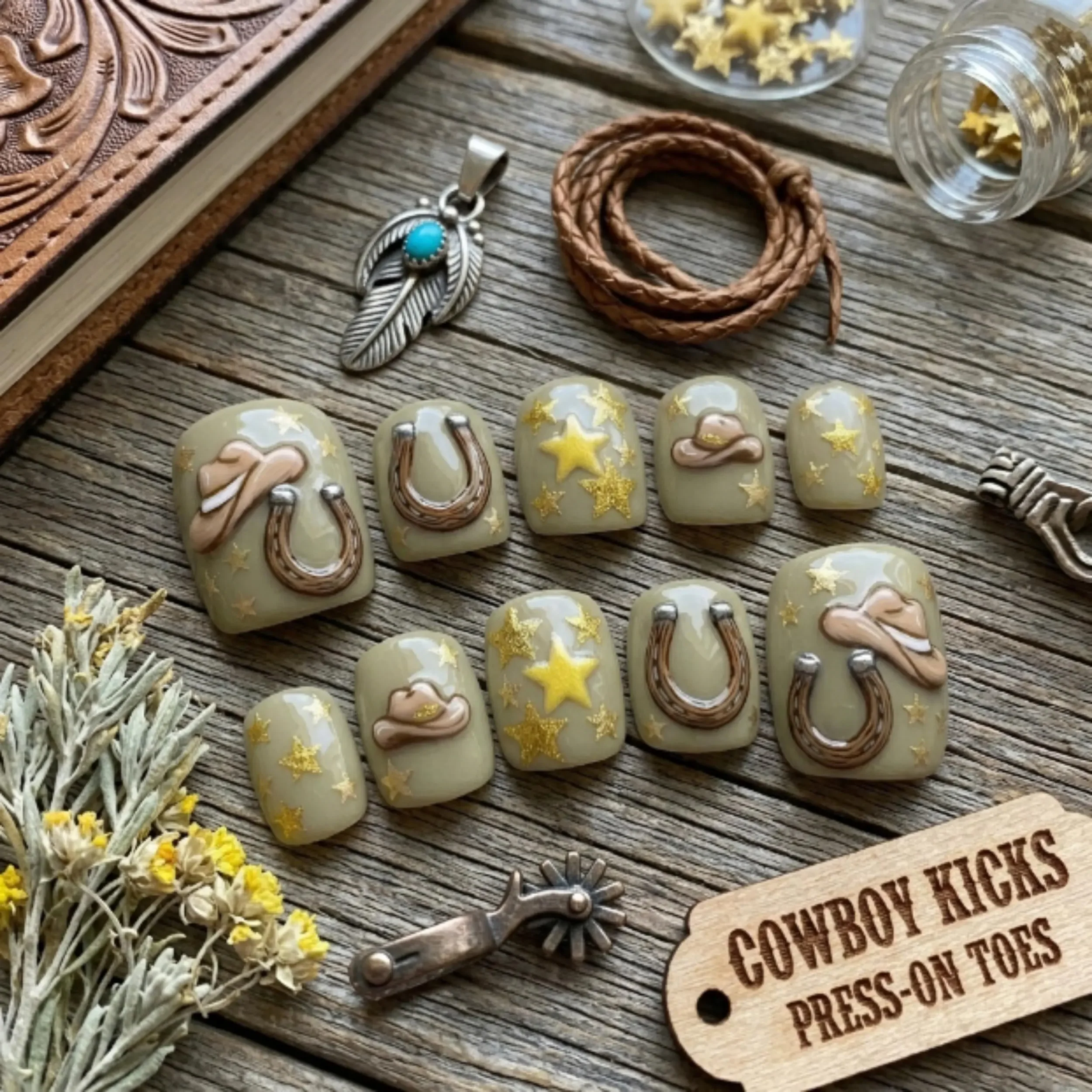 hand-painted cowboy hat, horseshoe press on, press on nails, custom press on nails, fake nails, Nails Art, stained glass nails, gold press on nails, 3d press on nails, luxury press on nails, handmade press on nails