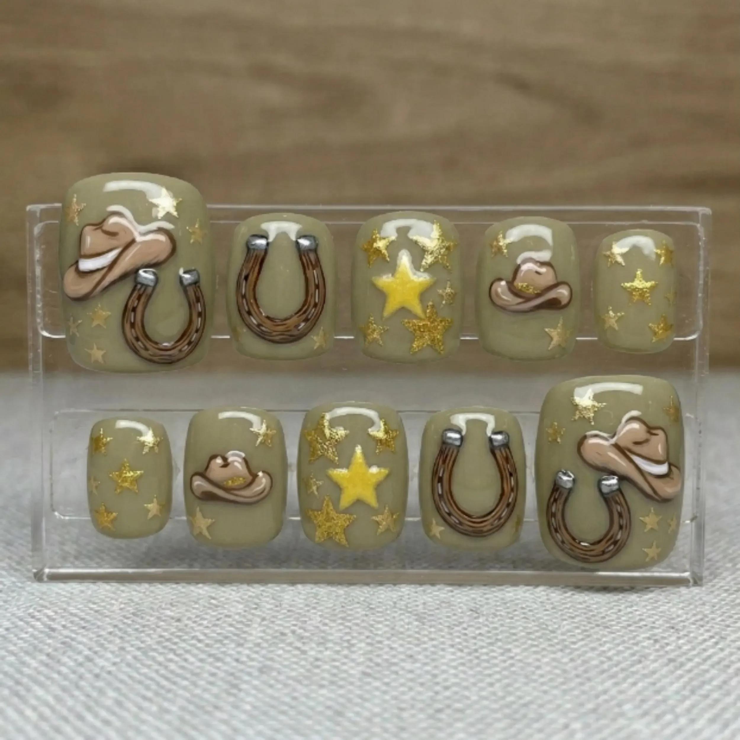 hand-painted cowboy hat, horseshoe press on, press on nails, custom press on nails, fake nails, Nails Art, stained glass nails, gold press on nails, 3d press on nails, luxury press on nails, handmade press on nails
