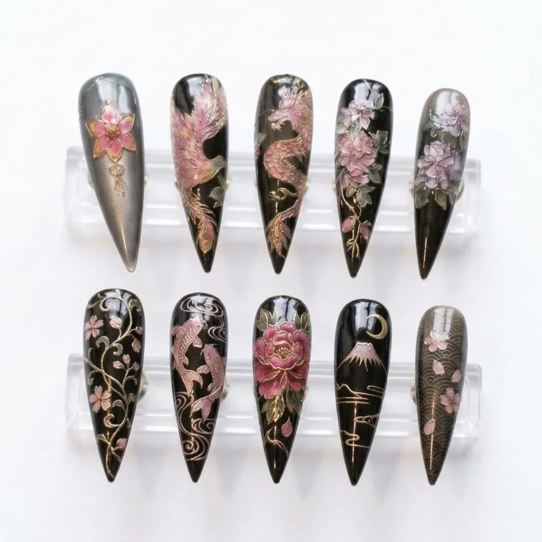 hand painted nails, dragon phoenix, press on nails, custom press on nails, fake nails, Nails Art, stained glass nails, gold press on nails, 3d press on nails, luxury press on nails, handmade press on nails