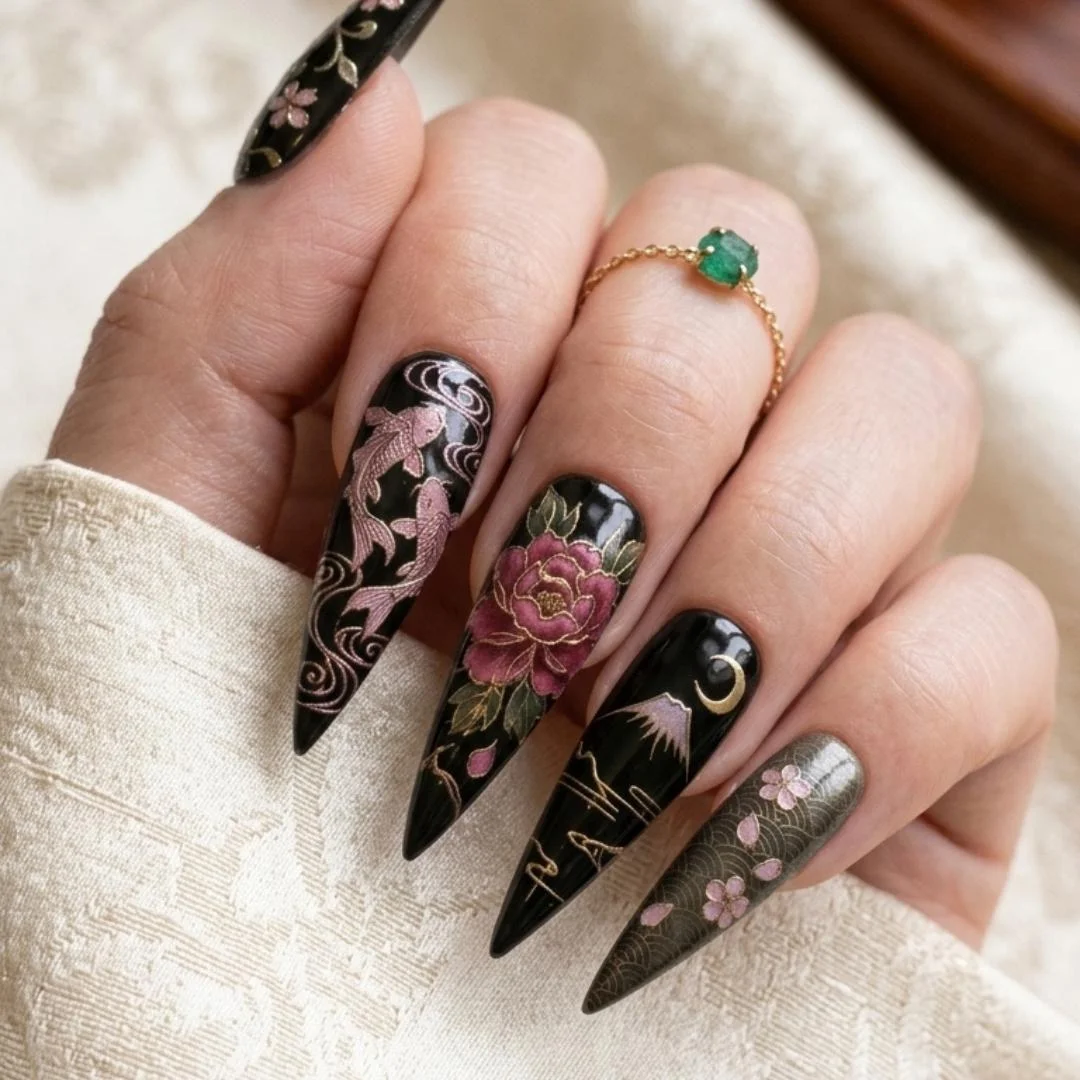 koi nail art, fuji stiletto, press on nails, custom press on nails, fake nails, Nails Art, stained glass nails, gold press on nails, 3d press on nails, luxury press on nails, handmade press on nails