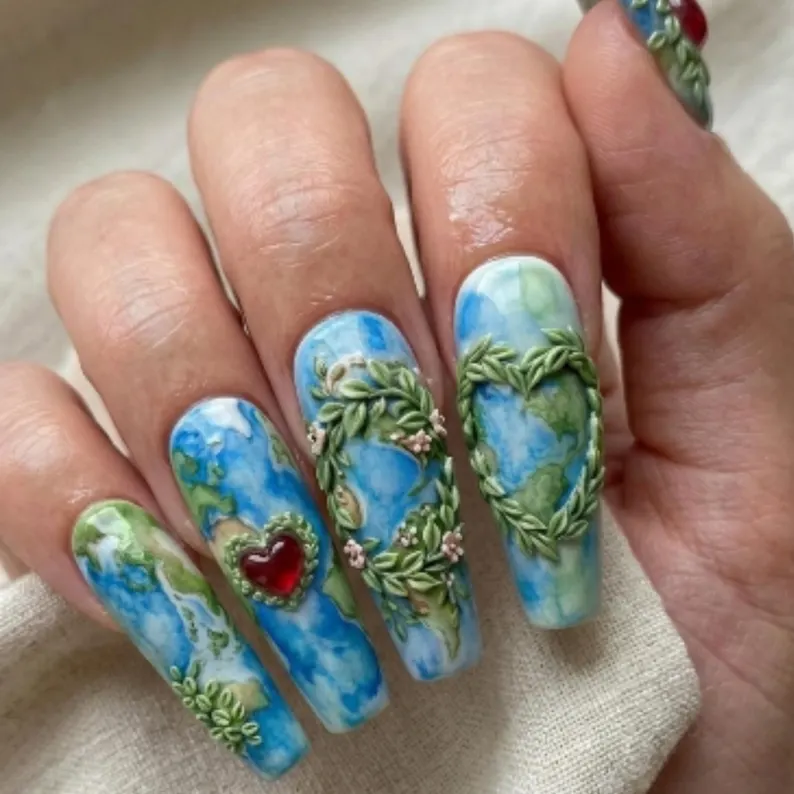 3D greenery nails, jelly heart nails, press on nails, custom press on nails, fake nails, Nails Art, stained glass nails, gold press on nails, 3d press on nails, luxury press on nails, handmade press on nails