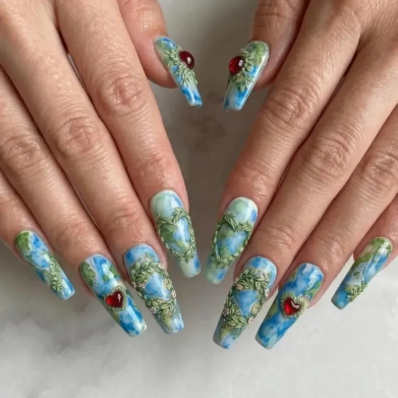 3D greenery nails, jelly heart nails, press on nails, custom press on nails, fake nails, Nails Art, stained glass nails, gold press on nails, 3d press on nails, luxury press on nails, handmade press on nails