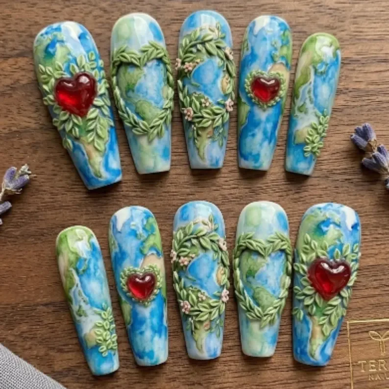 green heart nails, global love day, press on nails, custom press on nails, fake nails, Nails Art, stained glass nails, gold press on nails, 3d press on nails, luxury press on nails, handmade press on nails