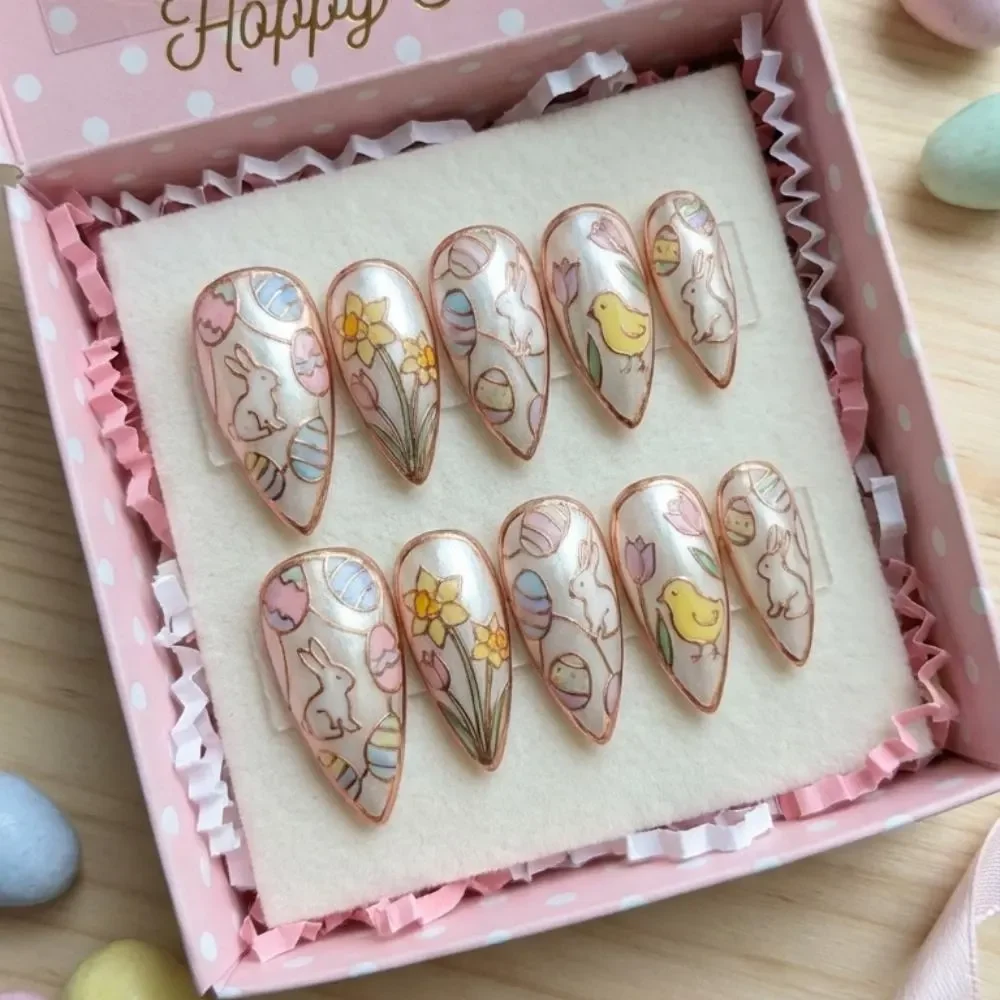 iridescent stained glass, bunny chick design, press on nails, custom press on nails, fake nails, Nails Art, stained glass nails, gold press on nails, 3d press on nails, luxury press on nails, handmade press on nails
