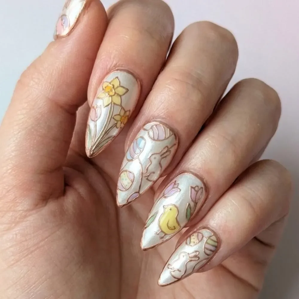 Easter nail art, stained glass nails, press on nails, custom press on nails, fake nails, Nails Art, gold press on nails, 3d press on nails, luxury press on nails, handmade press on nails