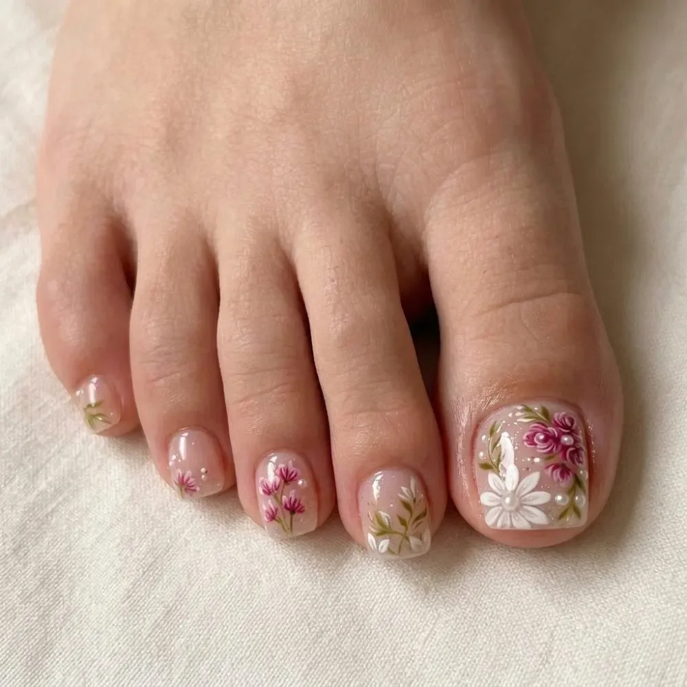 hand-painted floral, press-on toes, press on nails, custom press on nails, fake nails, Nails Art, stained glass nails, gold press on nails, 3d press on nails, luxury press on nails, handmade press on nails