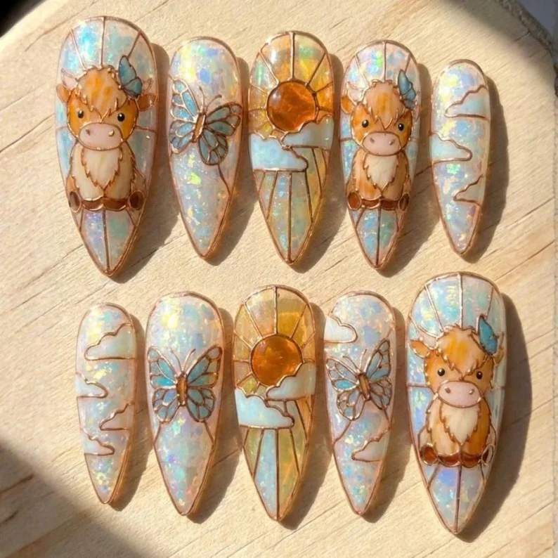 cow nail art, highland cow decor, press on nails, custom press on nails, fake nails, Nails Art, stained glass nails, gold press on nails, 3d press on nails, luxury press on nails, handmade press on nails