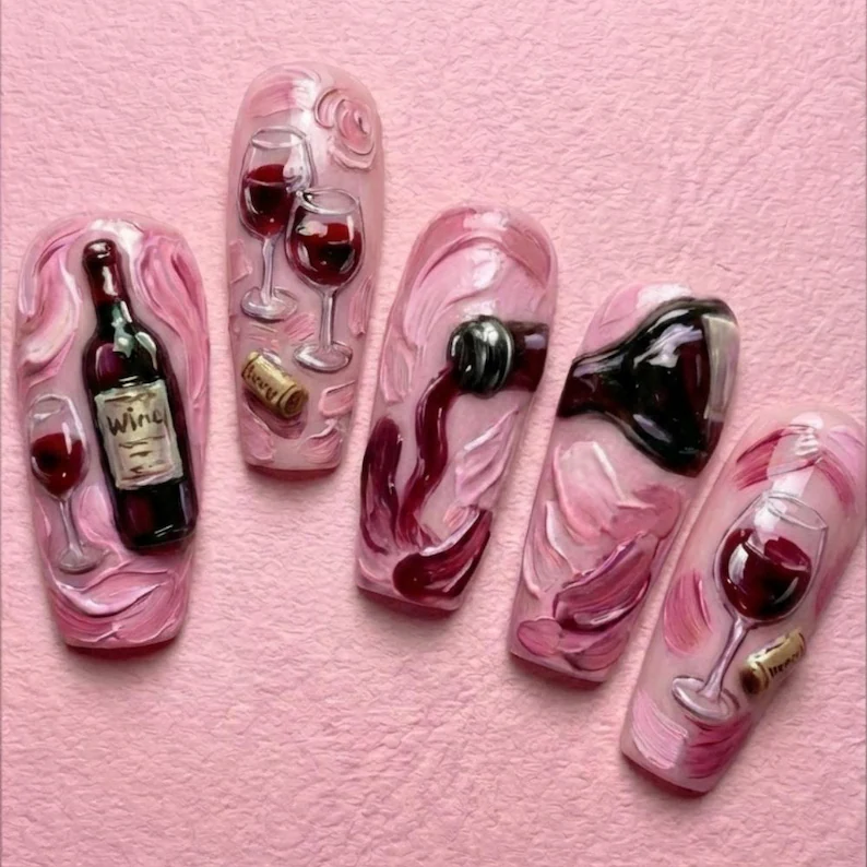 sommelier gift, press on nails, custom press on nails, fake nails, Nails Art, stained glass nails, gold press on nails, 3d press on nails, luxury press on nails, handmade press on nails