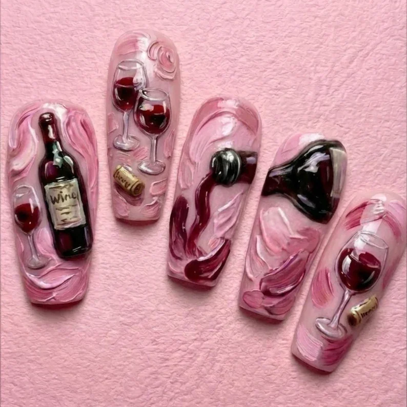 hand-painted impressionist, vineyard press on, press on nails, custom press on nails, fake nails, Nails Art, stained glass nails, gold press on nails, 3d press on nails, luxury press on nails, handmade press on nails
