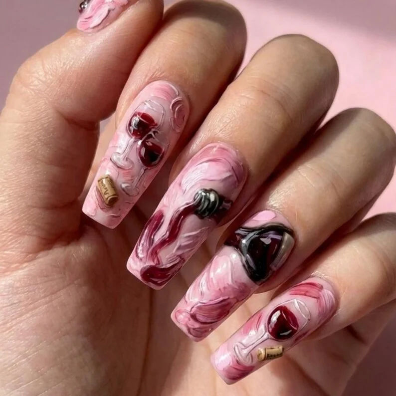 luxury 3d nails, wine art nails, press on nails, custom press on nails, fake nails, Nails Art, stained glass nails, gold press on nails, 3d press on nails, luxury press on nails, handmade press on nails
