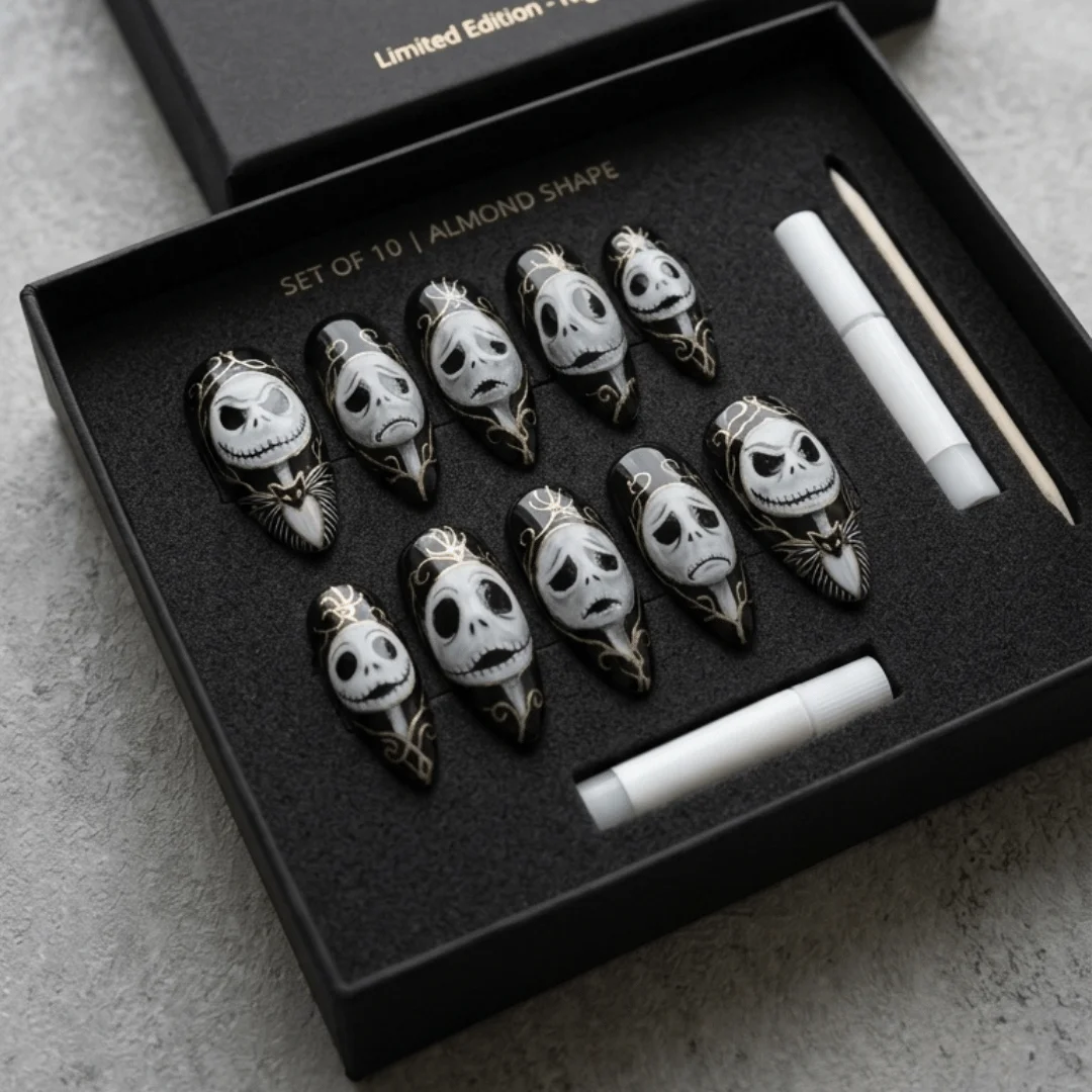 Nightmare Before Christmas, gothic black gold nails, press on nails, custom press on nails, fake nails, Nails Art, stained glass nails, gold press on nails, 3d press on nails, luxury press on nails, handmade press on nails