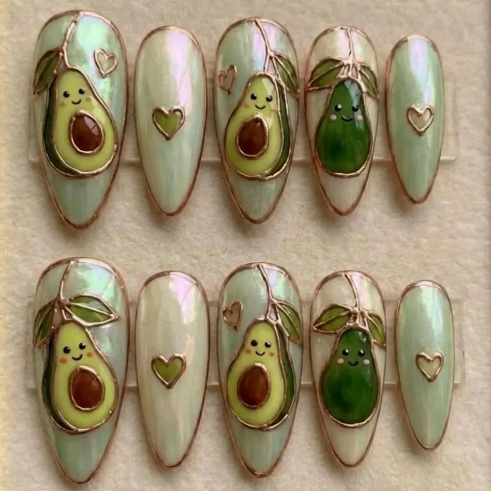 hand-painted kawaii, avocado press on, press on nails, custom press on nails, fake nails, Nails Art, stained glass nails, gold press on nails, 3d press on nails, luxury press on nails, handmade press on nails