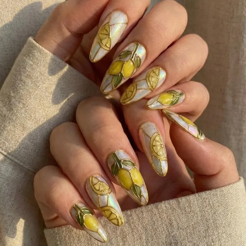 reusable press ons, gold citrus nails, press on nails, custom press on nails, fake nails, Nails Art, stained glass nails, gold press on nails, 3d press on nails, luxury press on nails, handmade press on nails