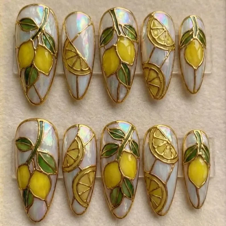 3D gold nail art, citrus nail art, press on nails, custom press on nails, fake nails, Nails Art, stained glass nails, gold press on nails, 3d press on nails, luxury press on nails, handmade press on nails