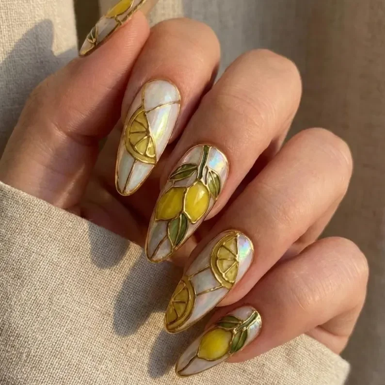 reusable press ons, gold citrus nails, press on nails, custom press on nails, fake nails, Nails Art, stained glass nails, gold press on nails, 3d press on nails, luxury press on nails, handmade press on nails