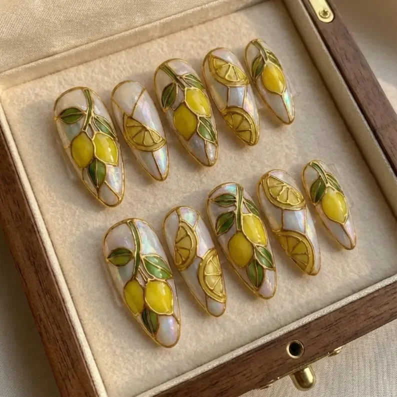 lemon nail design, 3D citrus nails, press on nails, custom press on nails, fake nails, Nails Art, stained glass nails, gold press on nails, 3d press on nails, luxury press on nails, handmade press on nails