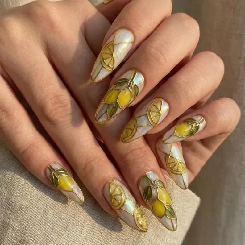 hand-painted lemon nails, press on nails, custom press on nails, fake nails, Nails Art, stained glass nails, gold press on nails, 3d press on nails, luxury press on nails, handmade press on nails