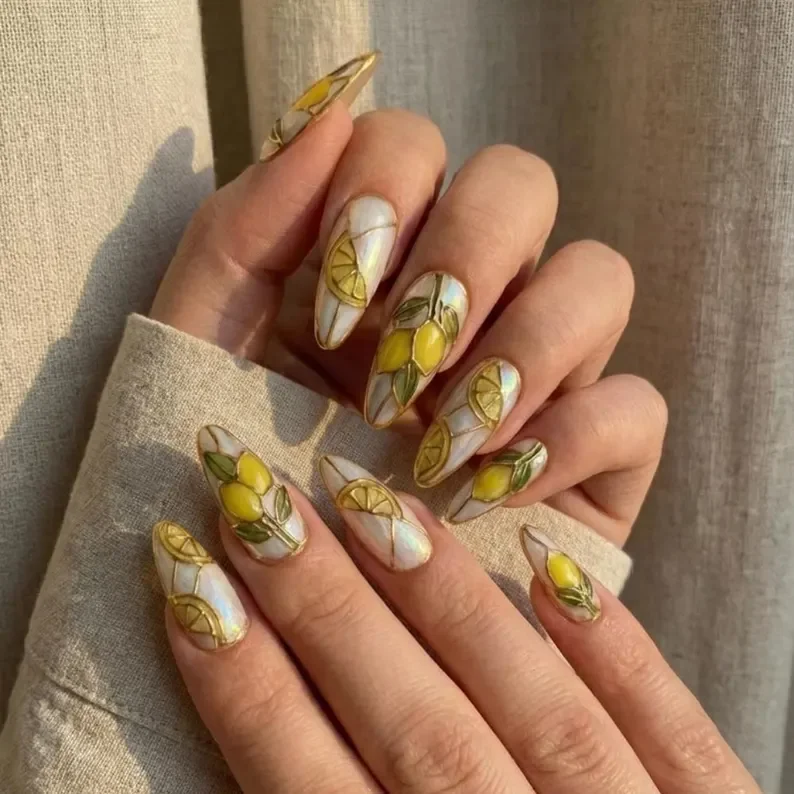 3D gold nail art, citrus nail art, press on nails, custom press on nails, fake nails, Nails Art, stained glass nails, gold press on nails, 3d press on nails, luxury press on nails, handmade press on nails