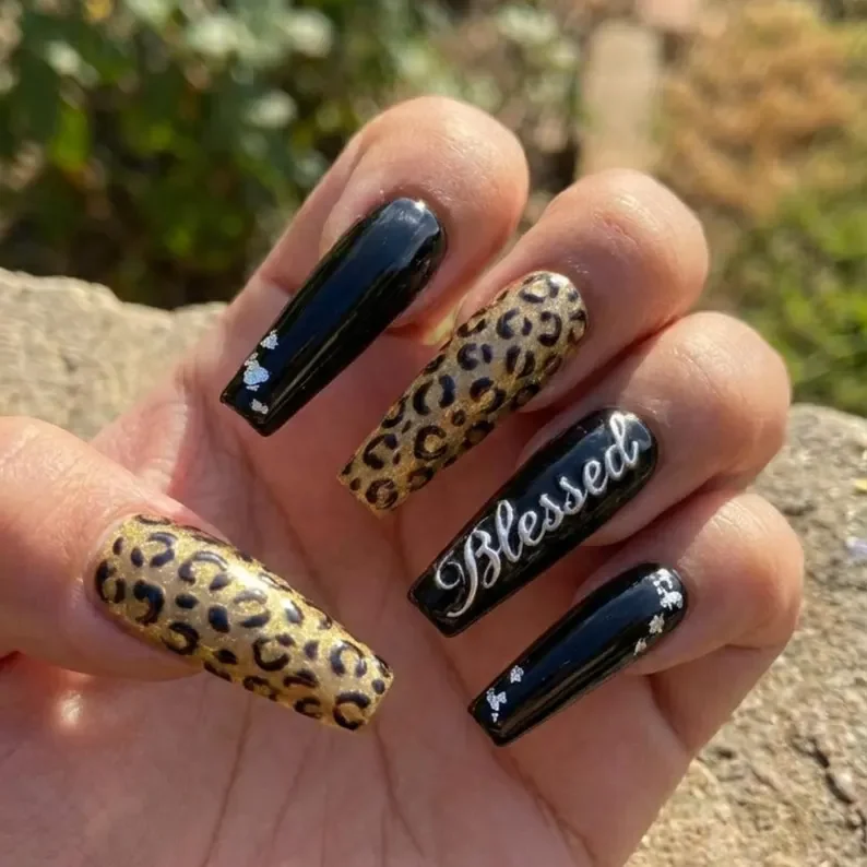 3D silver script, long coffin nails, press on nails, custom press on nails, fake nails, Nails Art, stained glass nails, gold press on nails, 3d press on nails, luxury press on nails, handmade press on nails