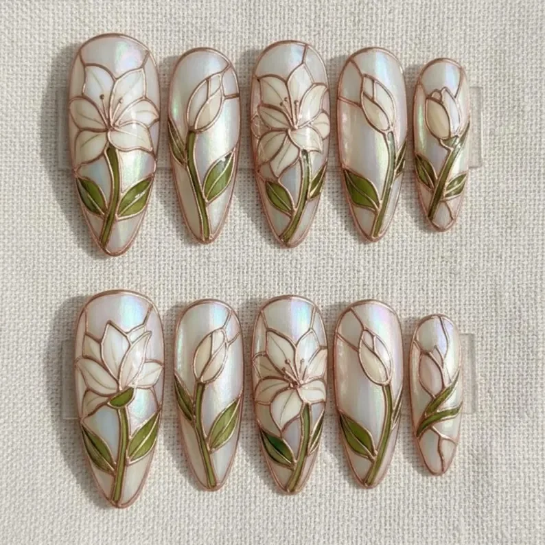 lily nail design, press on nail set, press on nails, custom press on nails, fake nails, Nails Art, stained glass nails, gold press on nails, 3d press on nails, luxury press on nails, handmade press on nails