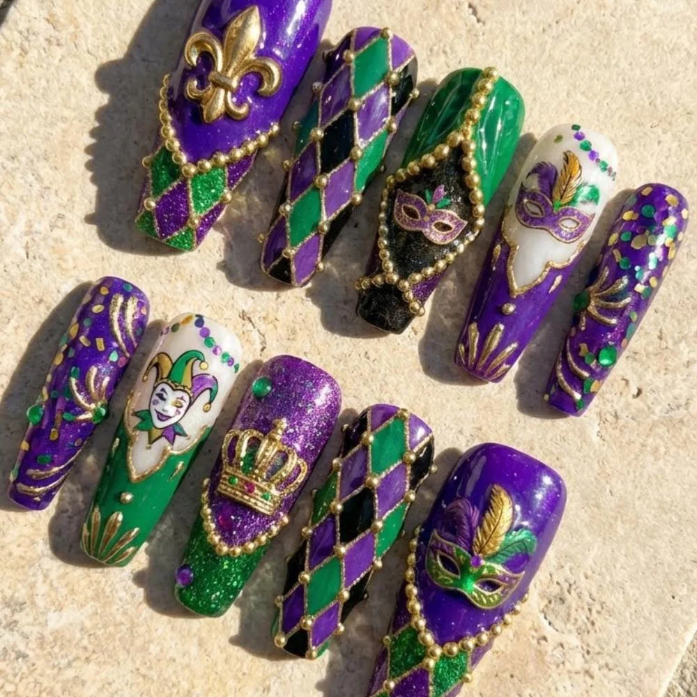 hand-painted press on nails, mardi gras nails, press on nails, custom press on nails, fake nails, Nails Art, stained glass nails, gold press on nails, 3d press on nails, luxury press on nails, handmade press on nails